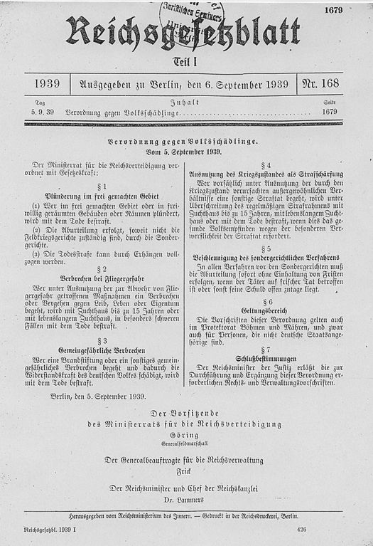 NS-Justiz-Verordnung gegen "Volksschädlinge" 1939