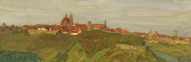 Blick auf Rothenburg zur Zeit der "Deutschen Novelle", Gemälde von G. Schönleber 1906 (Ausschnitt)
