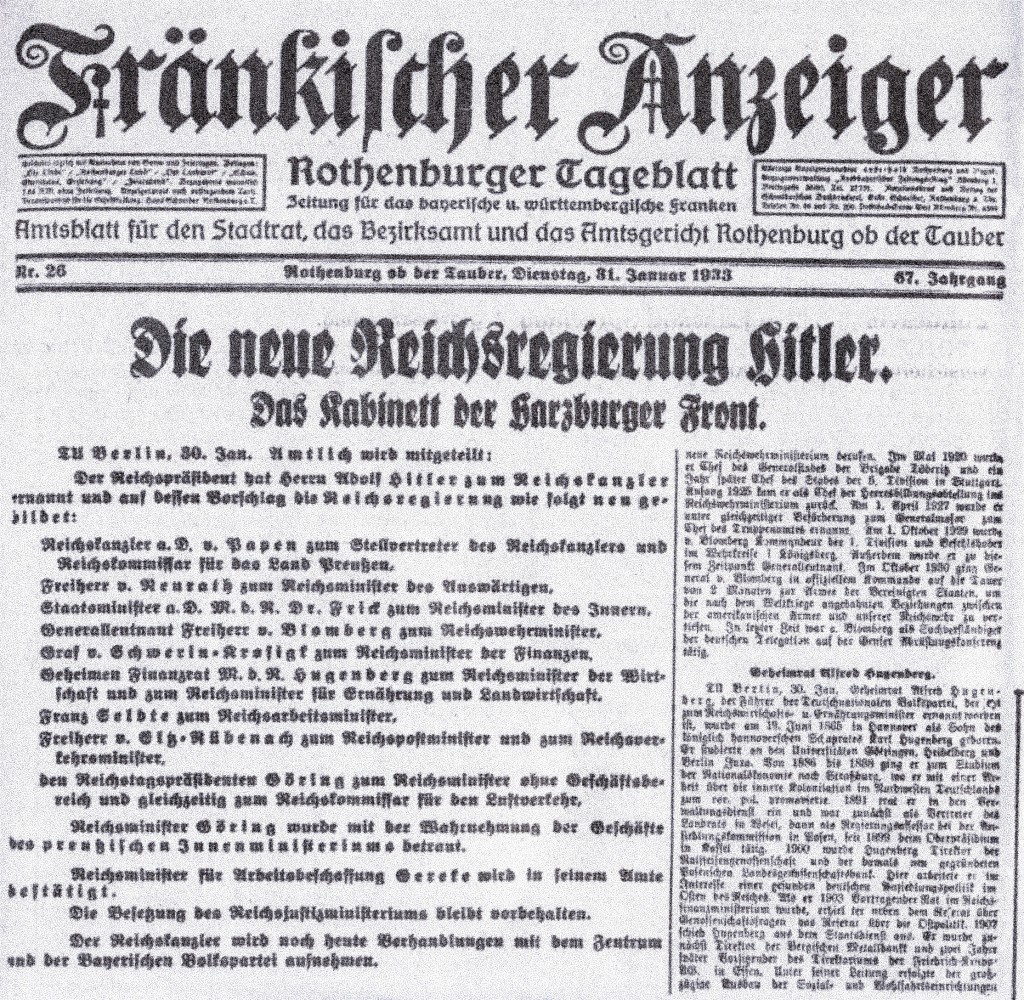 "Fränkischer Anzeiger" vom 29./30. Januar 1933